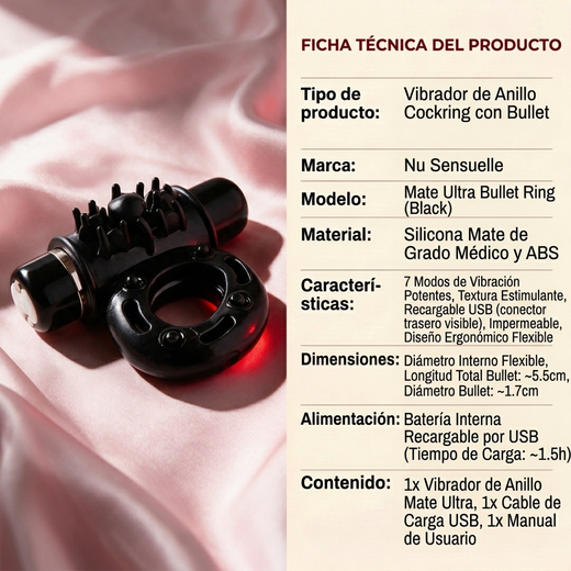Nu Sensuelle Mate Ultra Bullet Ring Cockring 7 Function - Black